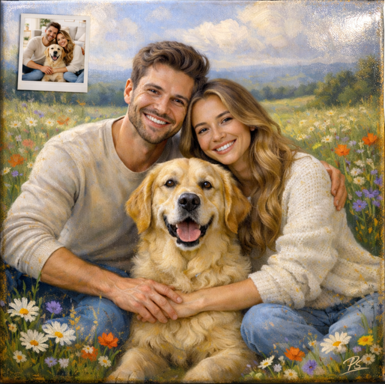 Portrait paar Familien malen lassen nach foto hund